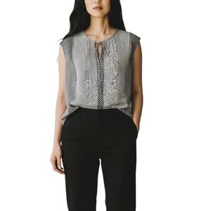 Talbots Womens Black White Polka Dot Sleeveless Tie Neck Blouse Top Size L